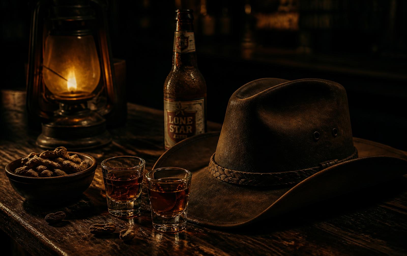 Whiskey, cold beer and a worn cowboy hat on a bar table