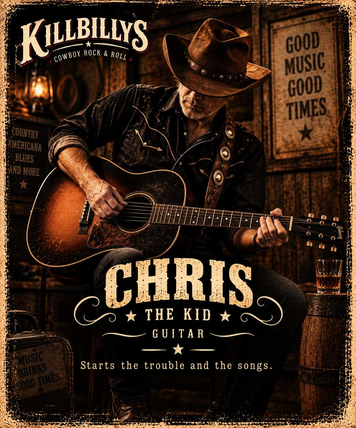 Chris of KILLBILLYS in a cinematic saloon portrait